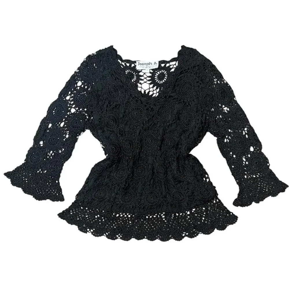 VTG 90s Joseph A. Black Open Knit Crochet Bell Sleeve Whimsygoth Blouse XL/L